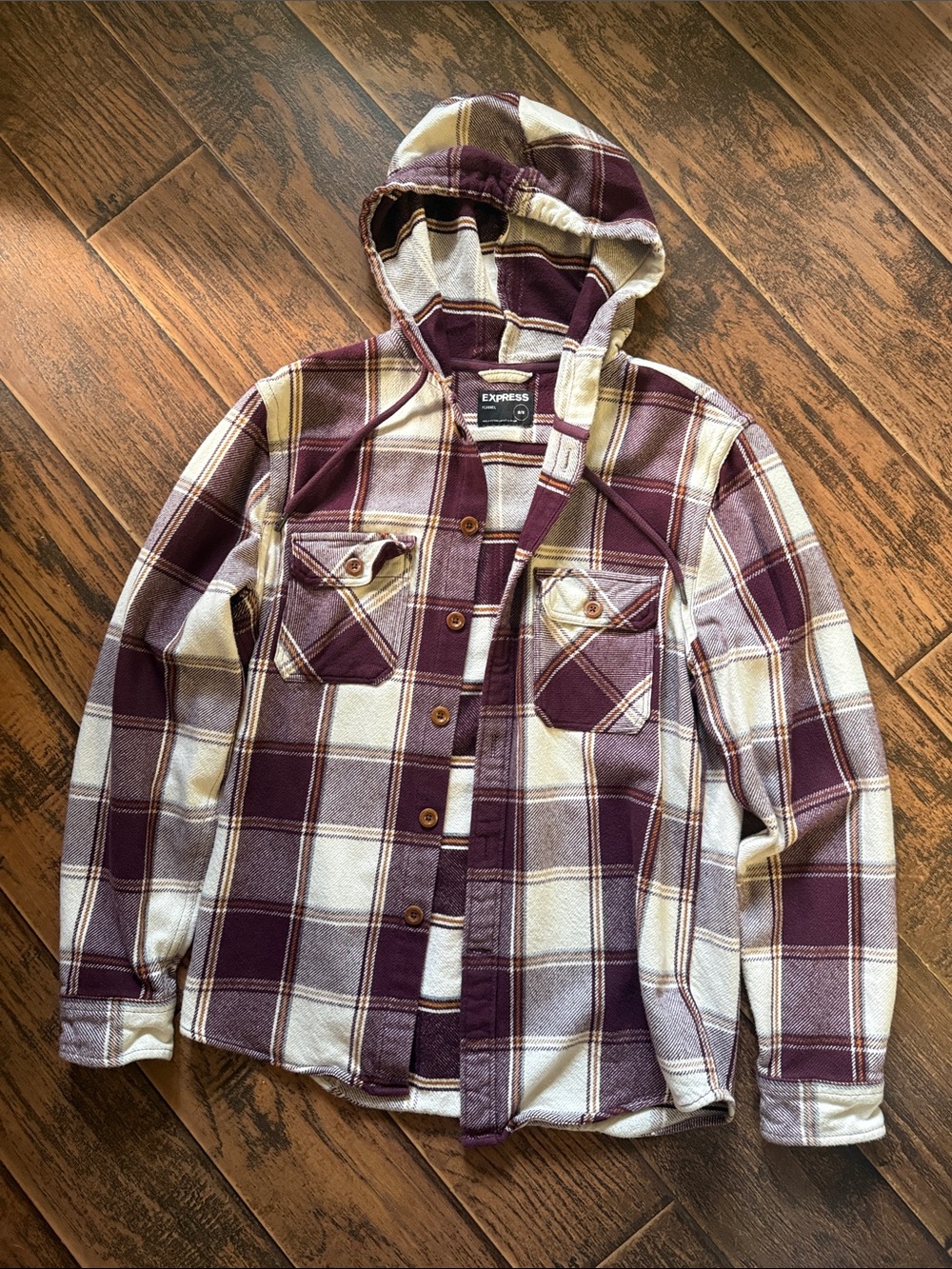 Express Hooded Plaid Button-Front Shirt Jacket in Burgundy and Cream